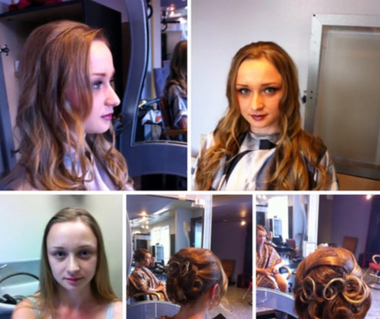Collage of four photos showing a woman with long reddish-brown hair in profile and front views