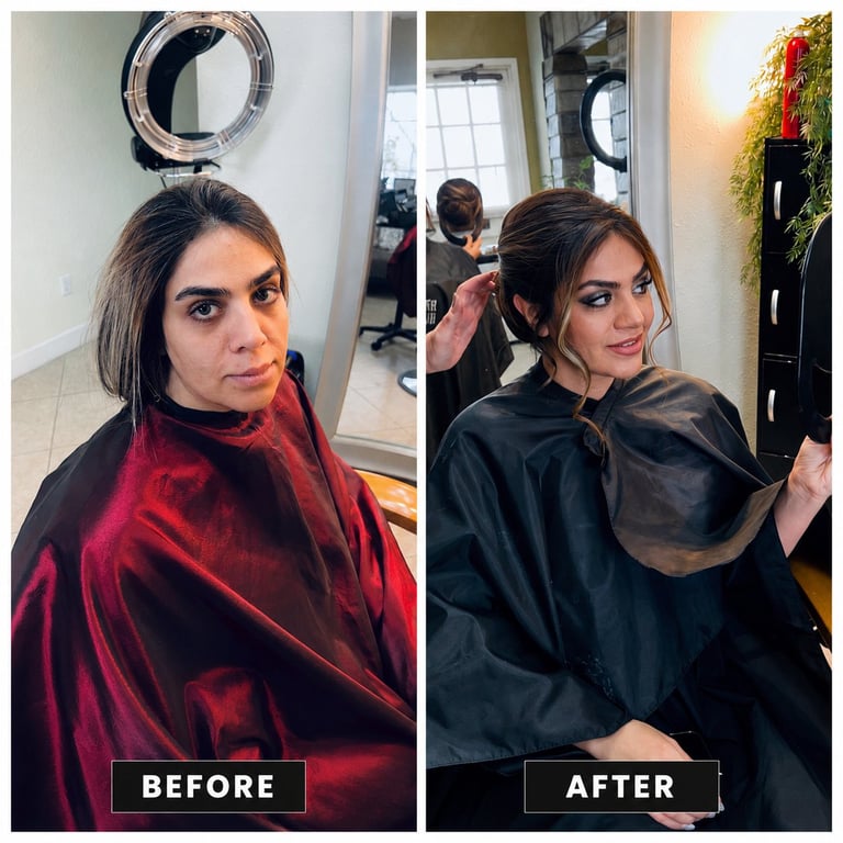 Before and after hair transformation showing woman in burgundy velvet wrap transitioning to black leather jacket with styled hair