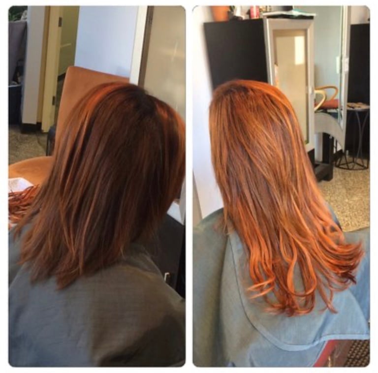 Before and after hair styling showing back view of person with copper-red hair