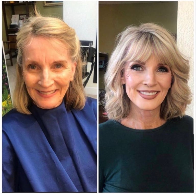 Before and after hairstyle transformation showing woman with straight blonde hair and wavy styled blonde hair