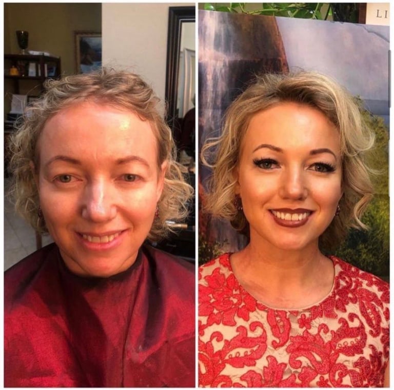 Before and after comparison photos of a woman showing makeup and styling transformation
