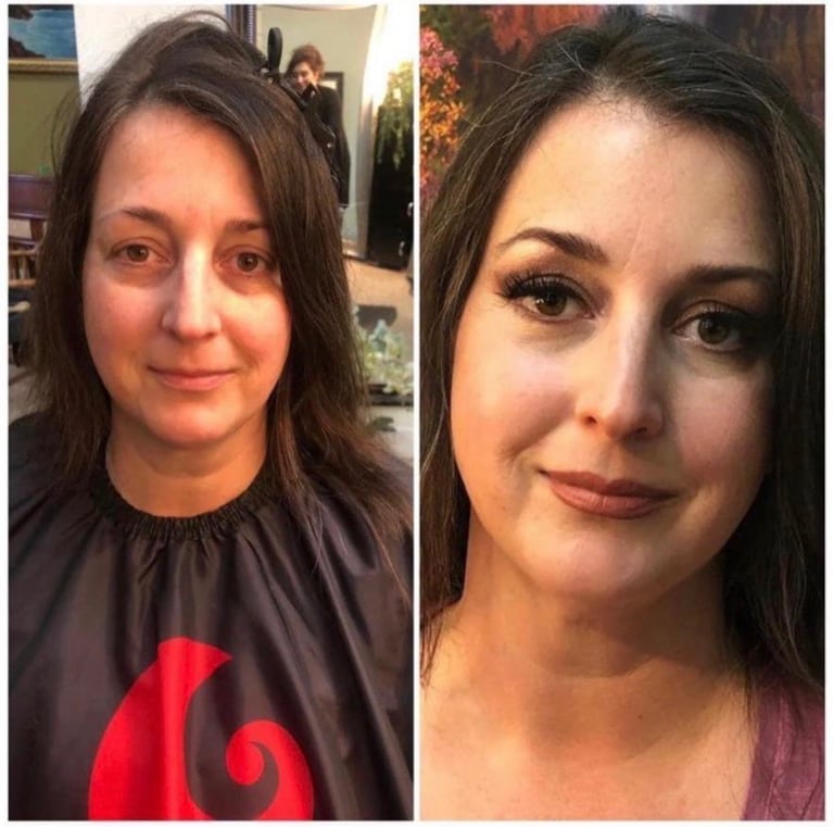 Side-by-side before and after photos of a woman showing makeup and styling changes
