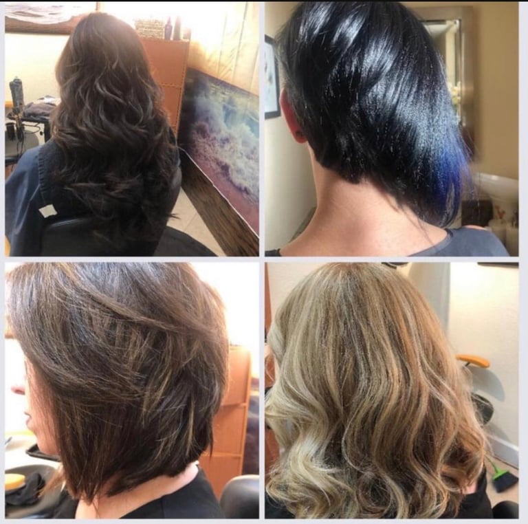 Four side-by-side photos of different hairstyles showing back and side views of womens hair at various lengths and colors